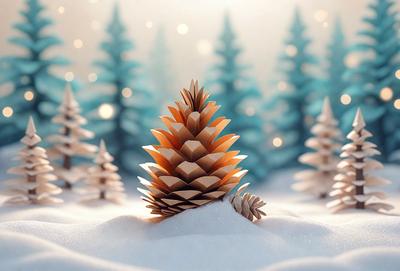 The primary subject of the image is a small, intricately crafted pine tree made of paper. The tree is placed in a snowy environment, surrounded by a few other trees. The visual style of the image is a combination of photo and digital art, creating a unique and artistic representation of the pine tree. The colors and mood of the image are predominantly white, with the snowy environment and the paper pine tree adding a touch of warmth and creativity to the scene.